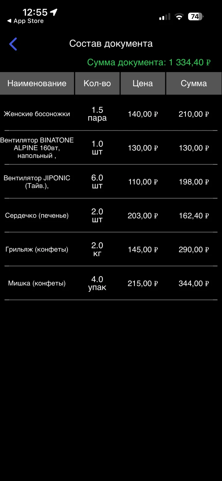 Состав заказа с товарами, количеством, ценой и суммой в AkiTorg Супервайзер